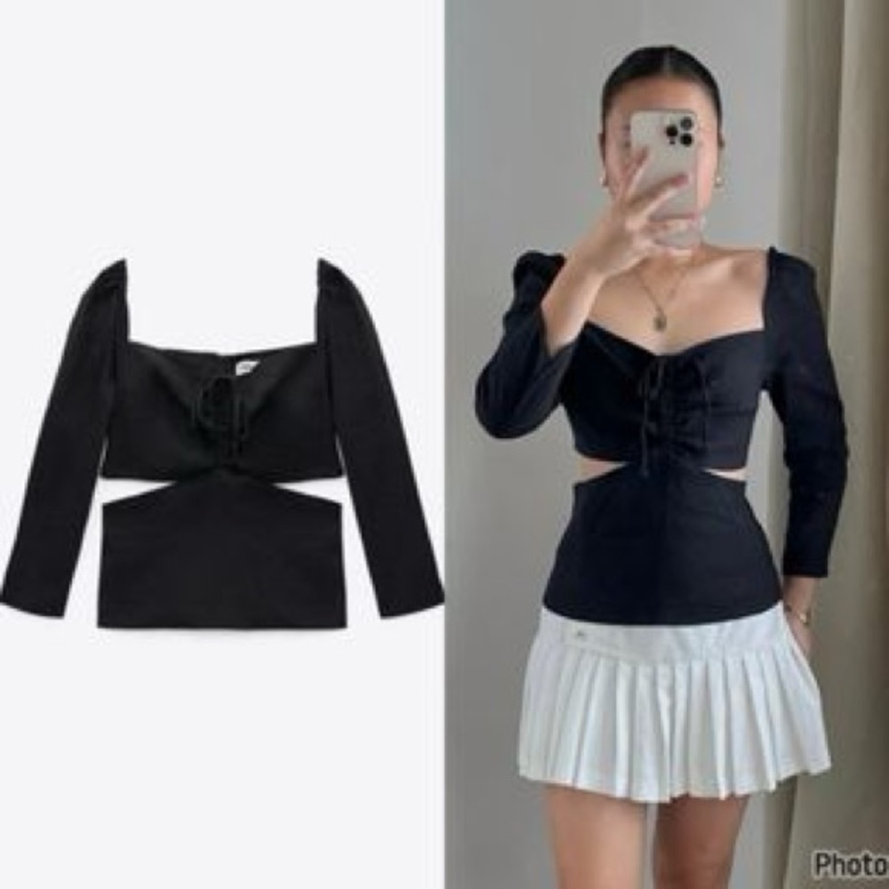 Zara black cut-out puff long sleeve drawstring sweetheart top blouse M NWOT